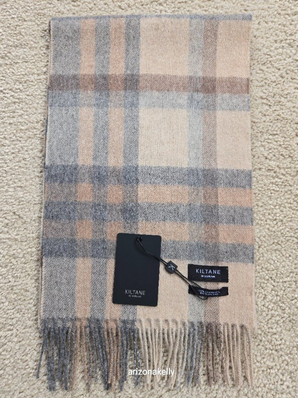 NWT Kiltane of Scotland Lambswool Scarf Natural Tartan Tan Grey Plaid